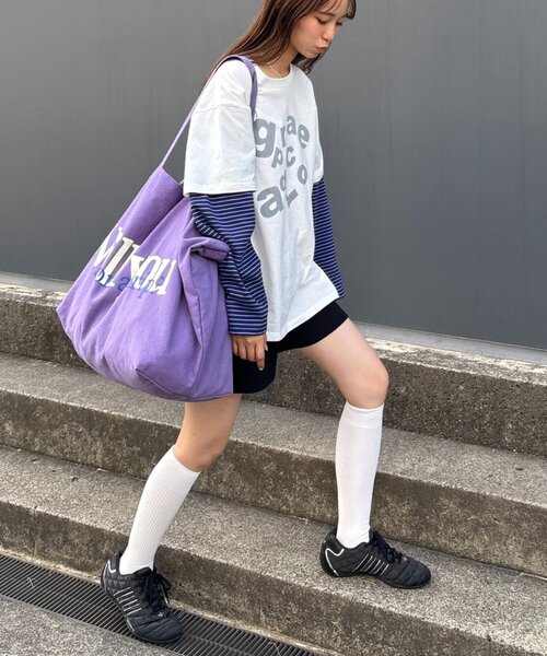 CIAOPANIC TYPY（チャオパニックティピー）の「【UNISEX】レイヤードボーダーロゴロンTEE（Tシャツ/カットソー・レディース・グレー/ブラウン/ライトグレー/ホワイト・LARGE/MEDIUM）」の14枚目の写真