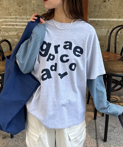 CIAOPANIC TYPY（チャオパニックティピー）の「【UNISEX】レイヤードボーダーロゴロンTEE（Tシャツ/カットソー・レディース・グレー/ブラウン/ライトグレー/ホワイト・LARGE/MEDIUM）」の15枚目の写真