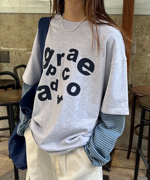 CIAOPANIC TYPY（チャオパニックティピー）の「【UNISEX】レイヤードボーダーロゴロンTEE（Tシャツ/カットソー・レディース・グレー/ブラウン/ライトグレー/ホワイト・LARGE/MEDIUM）」の18枚目の写真