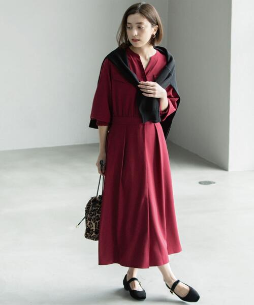 新品タグ付★BORDERS at BALCONY★ウールフレアワンピース赤 38 セール】ウールライクフィット＆フレアワンピース【洗濯機OK