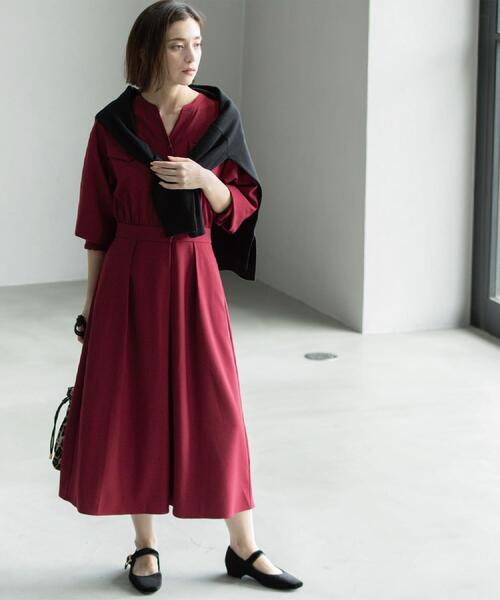 新品タグ付★BORDERS at BALCONY★ウールフレアワンピース赤 38 セール】ウールライクフィット＆フレアワンピース【洗濯機OK