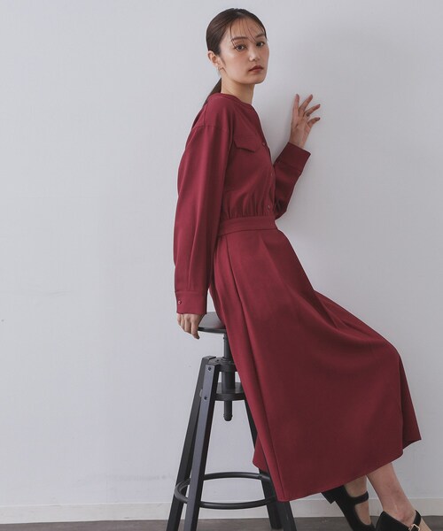 新品タグ付★BORDERS at BALCONY★ウールフレアワンピース赤 38 セール】ウールライクフィット＆フレアワンピース【洗濯機OK