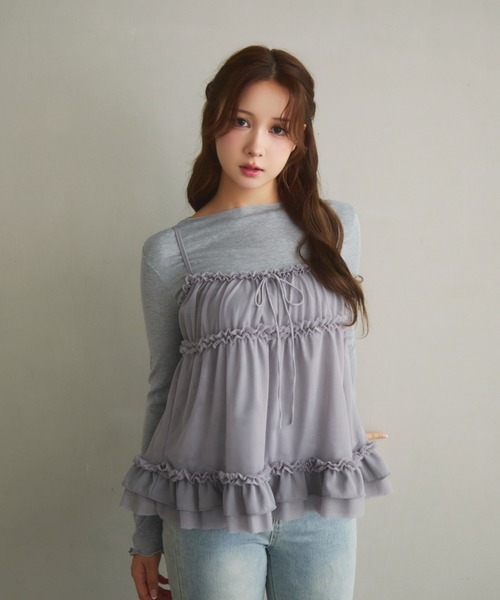 TITTY&CO.(ティティーアンドコー)の「ロンTフリルキャミセット(Tシャツ/カットソー・レディース・ラベンダー/チャコールグレー/グレー・FREE)」の3枚目の写真