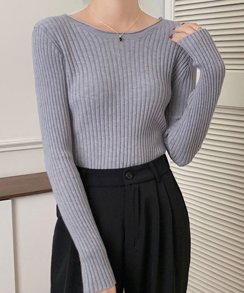 Girly Doll（ガーリードール）の「クルーネック長袖リブニット（Tシャツ/カットソー・レディース・ベージュ/グレー/ホワイト/ブラック/ブラウン/グリーン・FREE）」の4枚目の写真