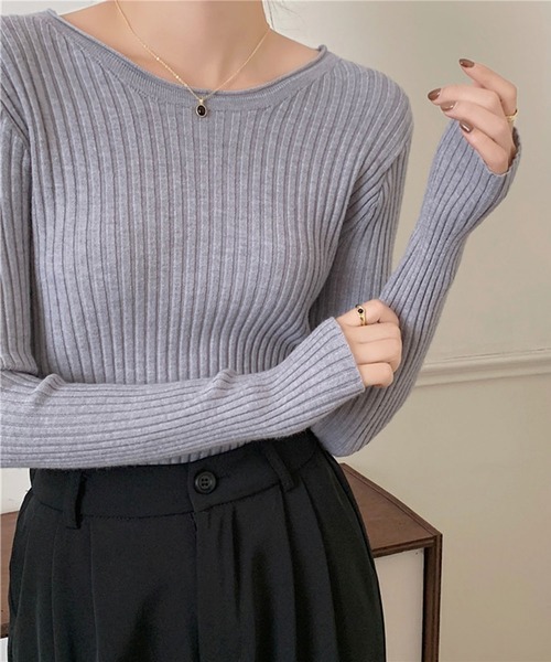 Girly Doll（ガーリードール）の「クルーネック長袖リブニット（Tシャツ/カットソー・レディース・ベージュ/グレー/ホワイト/ブラック/ブラウン/グリーン・FREE）」の16枚目の写真