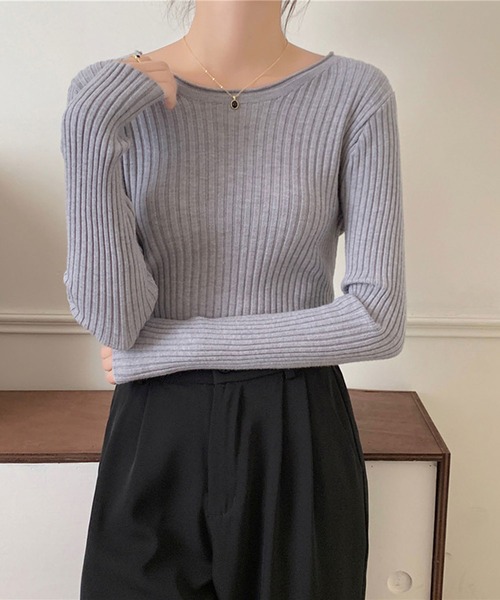 Girly Doll（ガーリードール）の「クルーネック長袖リブニット（Tシャツ/カットソー・レディース・ベージュ/グレー/ホワイト/ブラック/ブラウン/グリーン・FREE）」の17枚目の写真