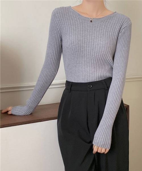 Girly Doll（ガーリードール）の「クルーネック長袖リブニット（Tシャツ/カットソー・レディース・ベージュ/グレー/ホワイト/ブラック/ブラウン/グリーン・FREE）」の18枚目の写真