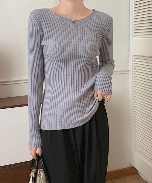 Girly Doll（ガーリードール）の「クルーネック長袖リブニット（Tシャツ/カットソー・レディース・ベージュ/グレー/ホワイト/ブラック/ブラウン/グリーン・FREE）」の20枚目の写真
