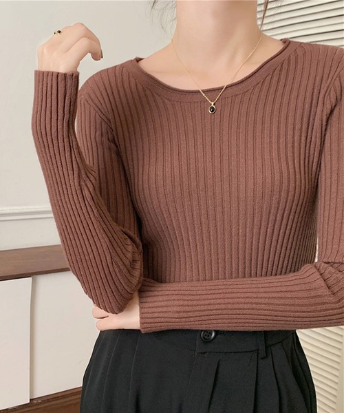 Girly Doll（ガーリードール）の「クルーネック長袖リブニット（Tシャツ/カットソー・レディース・ベージュ/グレー/ホワイト/ブラック/ブラウン/グリーン・FREE）」の10枚目の写真