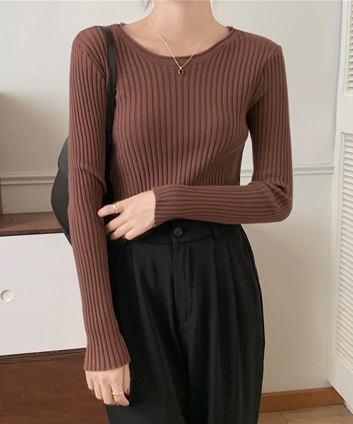 Girly Doll（ガーリードール）の「クルーネック長袖リブニット（Tシャツ/カットソー・レディース・ベージュ/グレー/ホワイト/ブラック/ブラウン/グリーン・FREE）」の11枚目の写真