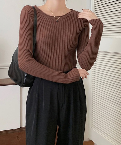 Girly Doll（ガーリードール）の「クルーネック長袖リブニット（Tシャツ/カットソー・レディース・ベージュ/グレー/ホワイト/ブラック/ブラウン/グリーン・FREE）」の13枚目の写真