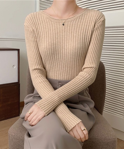 Girly Doll（ガーリードール）の「クルーネック長袖リブニット（Tシャツ/カットソー・レディース・ベージュ/グレー/ホワイト/ブラック/ブラウン/グリーン・FREE）」の14枚目の写真