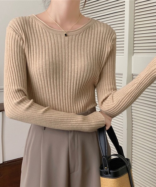 Girly Doll（ガーリードール）の「クルーネック長袖リブニット（Tシャツ/カットソー・レディース・ベージュ/グレー/ホワイト/ブラック/ブラウン/グリーン・FREE）」の7枚目の写真
