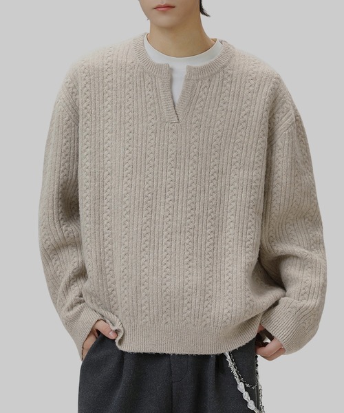 TOBEE（トゥビー）の「【TOBEE】ヘンリーネックニット セーター/オーバーサイズ ニットポロ（ニット/セーター・メンズ・ダークグレー/オフホワイト/ブラック・MEDIUM/LARGE/X-LARGE）」の5枚目の写真