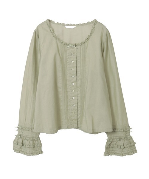 PINK HOUSE ピンクハウス　訳ありフリル付きホワイトコットン長袖シャツ INGEBORG×VIVIANO】フリルロングシャツブラウス｜ピンクハウス