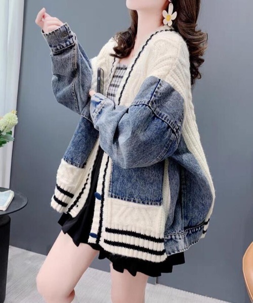 セール】デニムとニットのパッチワークカーディガン（デニムジャケット
