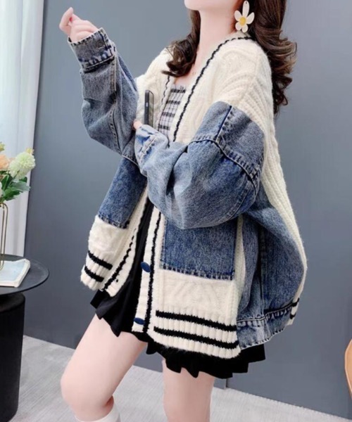 セール】デニムとニットのパッチワークカーディガン（デニムジャケット