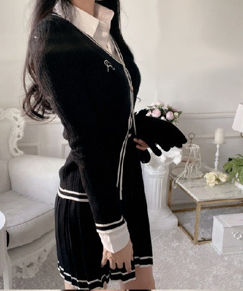 セール】ニットスーツ ジャケット風カーデ&プリーツスカート