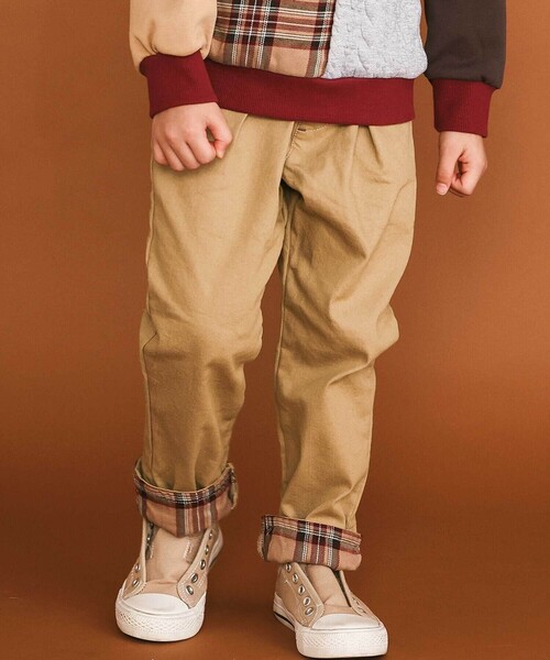 SLAP SLIP（スラップスリップ）の「【裏微起毛】折り返し裾チェックロングパンツ(80~130cm)（デニムパンツ・キッズ・ネイビー/ベージュ・130cm/120cm/90cm/80ｃｍ/110cm/100cm）」の2枚目の写真