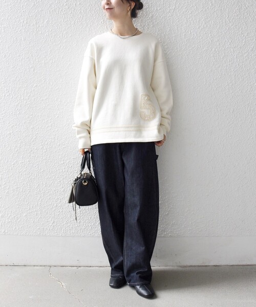 セール】SHIPS any:〈洗濯機可能〉裏起毛 パールモチーフ 刺繍 ワイド