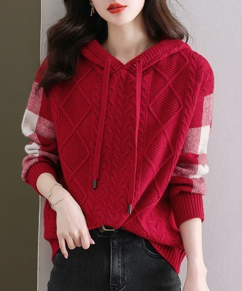 セール】ケーブル編み×ボーダー袖フード付きニットトップス（ニット