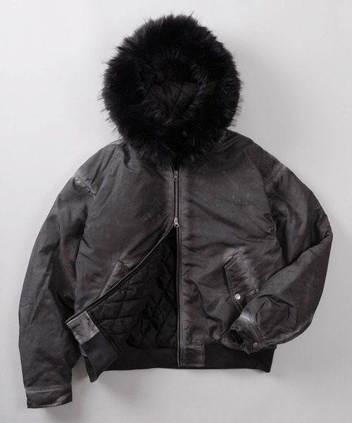 SlashDate（スラッシュデイト）の「【82】ヴィンテージライク ファーフード フライトブルゾン/ボンバージャケット/ダブルジップ/ミリタリー/アメカジ（ブルゾン・メンズ・カーキ/ブラック/グレー・L/M）」の2枚目の写真