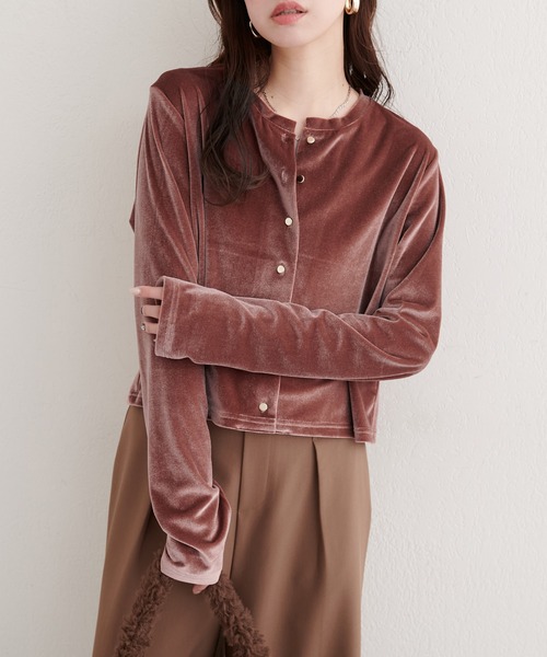 natural couture（ナチュラルクチュール）の「ラメベロアクルーネックカーディガン（カーディガン/ボレロ・レディース・ブラック/ブルーグレー/ピンクベージュ/ボルドー/ネイビー/オフホワイト・FREE）」の5枚目の写真