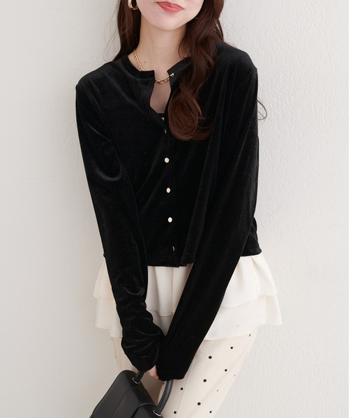 natural couture（ナチュラルクチュール）の「ラメベロアクルーネックカーディガン（カーディガン/ボレロ・レディース・ブラック/ブルーグレー/ピンクベージュ/ボルドー/ネイビー/オフホワイト・FREE）」の3枚目の写真