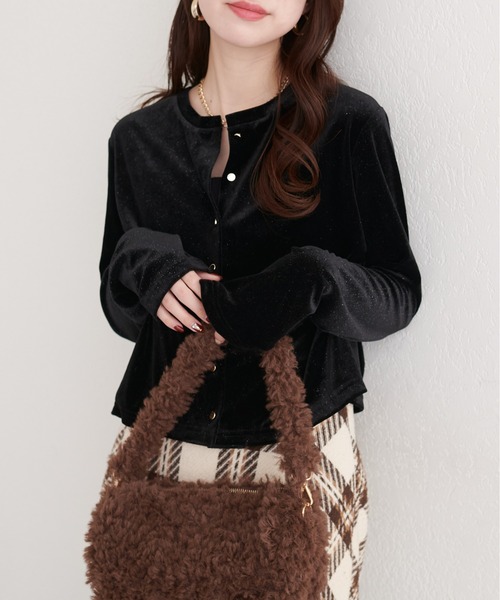 natural couture（ナチュラルクチュール）の「ラメベロアクルーネックカーディガン（カーディガン/ボレロ・レディース・ブラック/ブルーグレー/ピンクベージュ/ボルドー/ネイビー/オフホワイト・FREE）」の14枚目の写真