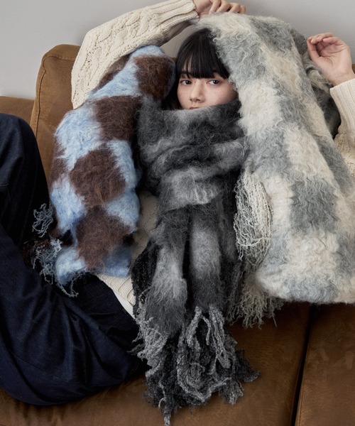 etoll.（エトル）の「起毛チェックマフラー（マフラー・レディース・グレー/ブルー/ベージュ・FREE）」の2枚目の写真