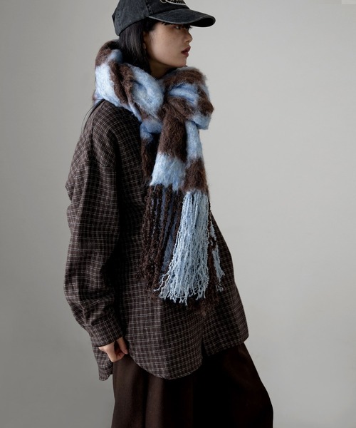 etoll.（エトル）の「起毛チェックマフラー（マフラー・レディース・グレー/ブルー/ベージュ・FREE）」の7枚目の写真