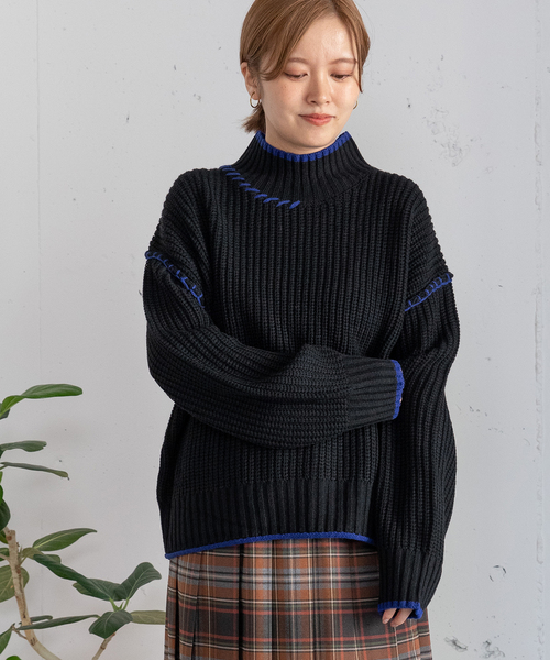 POU DOU DOU（プードゥドゥ）の「あぜ編み配色ハイネックニット（ニット/セーター・レディース・ラベンダー/イエロー/ブラック/アイボリー・M）」の2枚目の写真