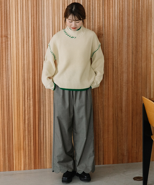 POU DOU DOU（プードゥドゥ）の「あぜ編み配色ハイネックニット（ニット/セーター・レディース・ラベンダー/イエロー/ブラック/アイボリー・M）」の10枚目の写真