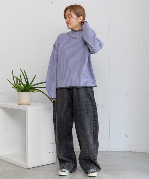 POU DOU DOU（プードゥドゥ）の「あぜ編み配色ハイネックニット（ニット/セーター・レディース・ラベンダー/イエロー/ブラック/アイボリー・M）」の19枚目の写真