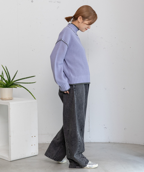 POU DOU DOU（プードゥドゥ）の「あぜ編み配色ハイネックニット（ニット/セーター・レディース・ラベンダー/イエロー/ブラック/アイボリー・M）」の21枚目の写真