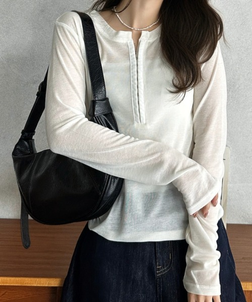 Eclat one(エクラワン)の「【Eclat one】フロントホック シアー ロングスリーブ カットソー(Tシャツ/カットソー・レディース・ブラック/グレー/オフホワイト・FREE)」の8枚目の写真
