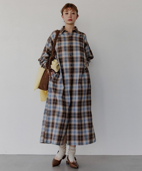 BAYFLOW（ベイフロー）の「[アップデートして登場!!]チェックシャツワンピース（シャツワンピース・レディース・ブラック/イエロー/ブルー/ブラウン・FREE）」の16枚目の写真