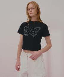 テキストバタフライクロップ半袖Tシャツブラック