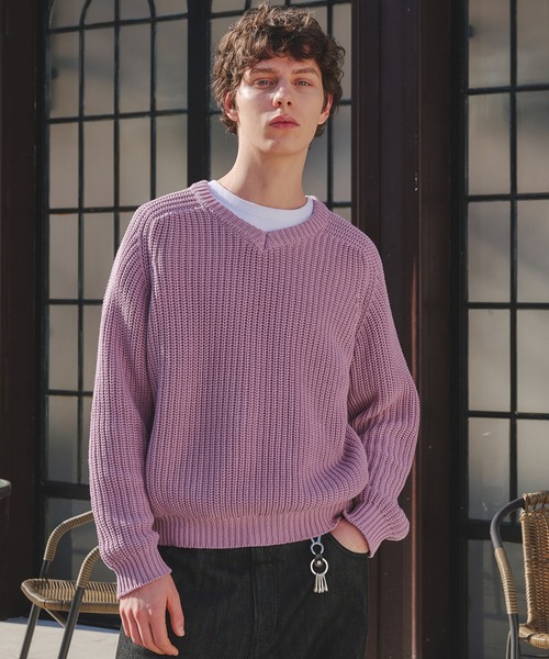 Regen Glanz(レーゲングランツ)の「vneck fisherman knit / Vネックフィッシャーマンニット(ニット/セーター・メンズ・ライトブルー/グレー/ネイビー/ライトパープル/レッド・MEDIUM/SMALL/LARGE)」の4枚目の写真