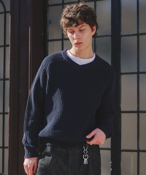 Regen Glanz(レーゲングランツ)の「vneck fisherman knit / Vネックフィッシャーマンニット(ニット/セーター・メンズ・ライトブルー/グレー/ネイビー/ライトパープル/レッド・MEDIUM/SMALL/LARGE)」の1枚目の写真