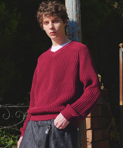 Regen Glanz(レーゲングランツ)の「vneck fisherman knit / Vネックフィッシャーマンニット(ニット/セーター・メンズ・ライトブルー/グレー/ネイビー/ライトパープル/レッド・MEDIUM/SMALL/LARGE)」の5枚目の写真