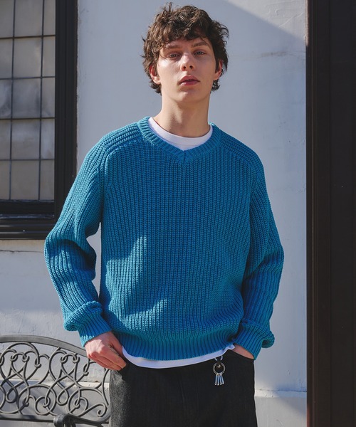 Regen Glanz(レーゲングランツ)の「vneck fisherman knit / Vネックフィッシャーマンニット(ニット/セーター・メンズ・ライトブルー/グレー/ネイビー/ライトパープル/レッド・MEDIUM/SMALL/LARGE)」の3枚目の写真