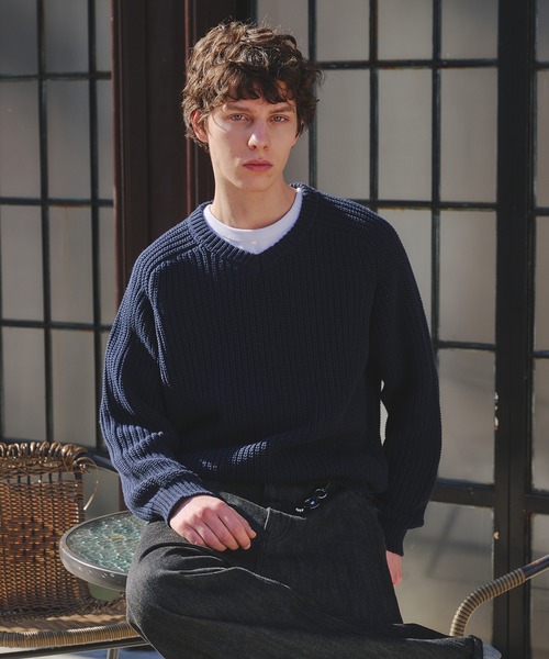 Regen Glanz(レーゲングランツ)の「vneck fisherman knit / Vネックフィッシャーマンニット(ニット/セーター・メンズ・ライトブルー/グレー/ネイビー/ライトパープル/レッド・MEDIUM/SMALL/LARGE)」の6枚目の写真