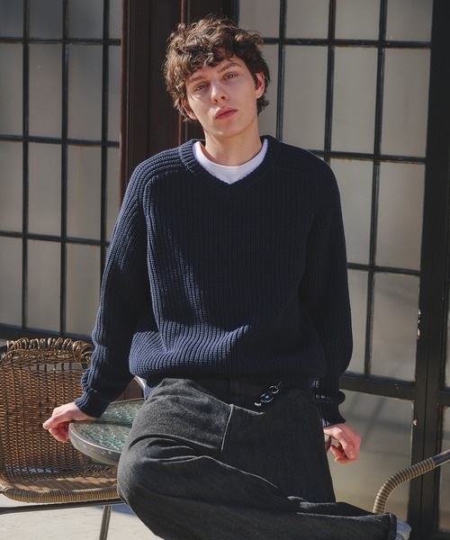 Regen Glanz(レーゲングランツ)の「vneck fisherman knit / Vネックフィッシャーマンニット(ニット/セーター・メンズ・ライトブルー/グレー/ネイビー/ライトパープル/レッド・MEDIUM/SMALL/LARGE)」の7枚目の写真