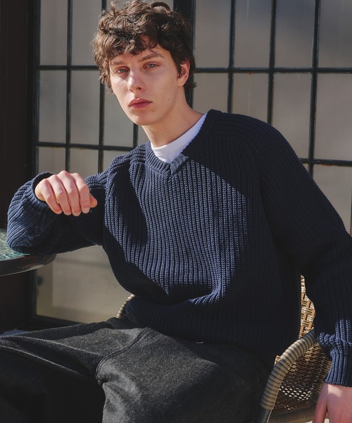 Regen Glanz(レーゲングランツ)の「vneck fisherman knit / Vネックフィッシャーマンニット(ニット/セーター・メンズ・ライトブルー/グレー/ネイビー/ライトパープル/レッド・MEDIUM/SMALL/LARGE)」の10枚目の写真