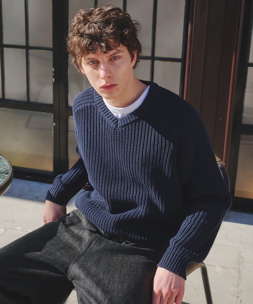 Regen Glanz(レーゲングランツ)の「vneck fisherman knit / Vネックフィッシャーマンニット(ニット/セーター・メンズ・ライトブルー/グレー/ネイビー/ライトパープル/レッド・MEDIUM/SMALL/LARGE)」の11枚目の写真