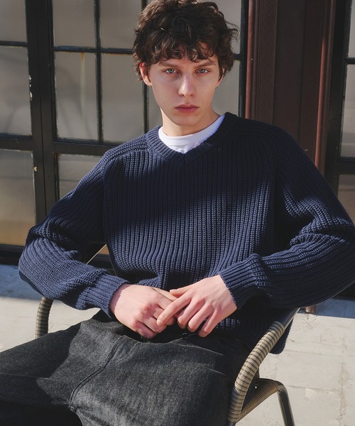 Regen Glanz(レーゲングランツ)の「vneck fisherman knit / Vネックフィッシャーマンニット(ニット/セーター・メンズ・ライトブルー/グレー/ネイビー/ライトパープル/レッド・MEDIUM/SMALL/LARGE)」の12枚目の写真