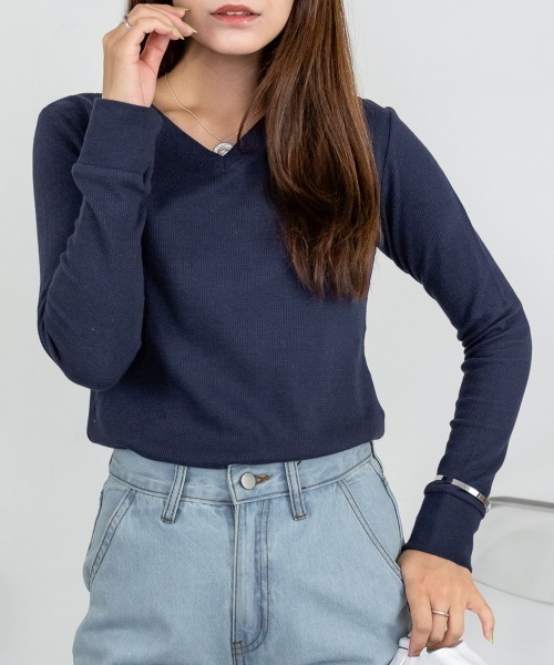 RCD(アールシーディー)の「ワッフルVネック長袖Tシャツ ロングスリーブカットソー(Tシャツ/カットソー・レディース・ネイビー/ホワイト/杢グレー/ブラック/カーキ・M/L/LL/3L/4L)」の1枚目の写真