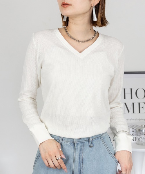 RCD(アールシーディー)の「ワッフルVネック長袖Tシャツ ロングスリーブカットソー(Tシャツ/カットソー・レディース・ネイビー/ホワイト/杢グレー/ブラック/カーキ・M/L/LL/3L/4L)」の2枚目の写真