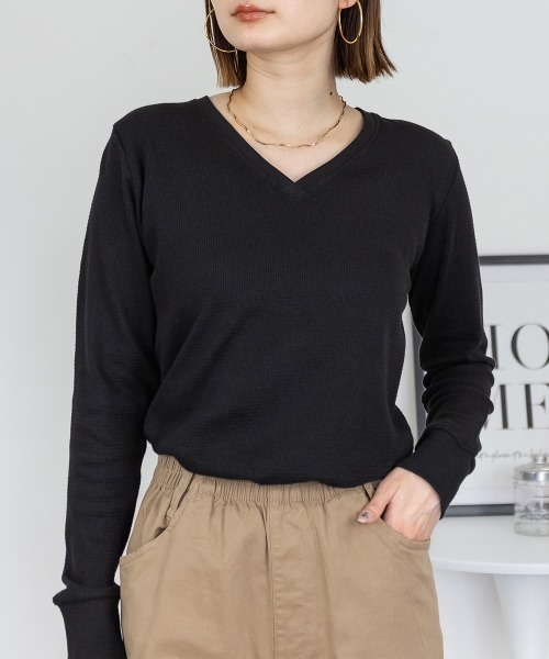 RCD(アールシーディー)の「ワッフルVネック長袖Tシャツ ロングスリーブカットソー(Tシャツ/カットソー・レディース・ネイビー/ホワイト/杢グレー/ブラック/カーキ・M/L/LL/3L/4L)」の3枚目の写真